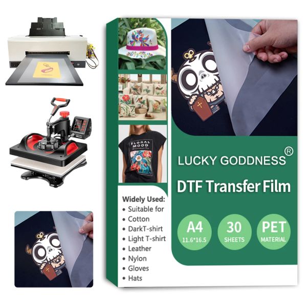 Filme Lucky Goddness A4 30 PCs DTF Transfer Film 200G DTF Pulvertransfer Sublimation Paper Direkt zum Film für Baumwolle T -Shirt Cricut