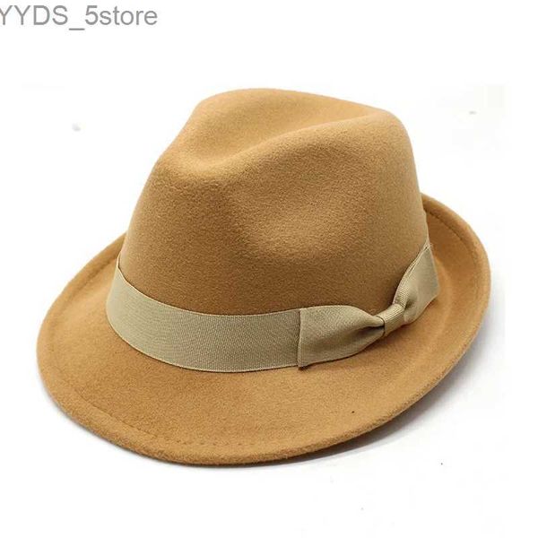 Breite Krempe Hüte Bucket Damen Bogenkette Fedora Hut Herren Kurzwolle Filz Jazz Elegantes Panama -Dreieck Großhandel YQ240407