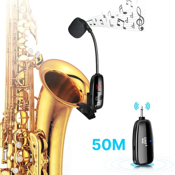 Microfoni UHF Strumenti wireless Strumenti sassofono Microfono Wireless Ricevitore trasmettitore 50m Range Plug and Gioca ottimo per le trombe