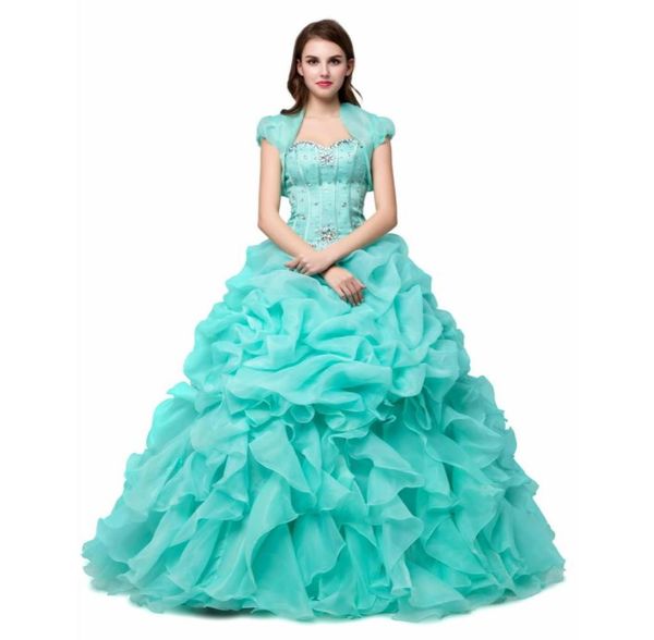 Schöne Ballkleid Schatz Pailletten Perlen Quinceanera Kleid für Mädchen süße 16 gekräuselte Organza Turquoise Party Kleid Kurzarm9926506