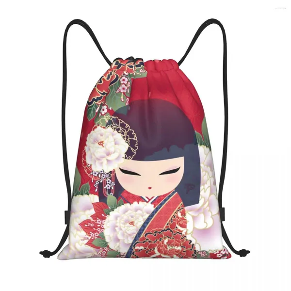 Aufbewahrungstaschen Kokeshi Doll Kirschblüten Draw String Rucksack Frauen Männer Fitnessstudio Sport Sackpack faltbare japanische Mädchen Kunsteinkaufstasche Sack