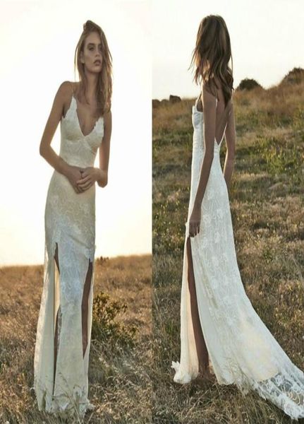 Элегантные пляжные свадебные платья боковые сплит -пола длины спагетти, аплодисменты, кружевные свадебные платья, скромные загородные сальни