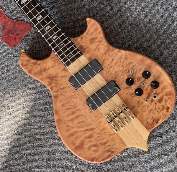 Yüksek kaliteli doğal ahşap renk alışılmadık şekil 4 telli elektrik bas gitar alev akçaağaç veneerneckthrobody guitars5017357