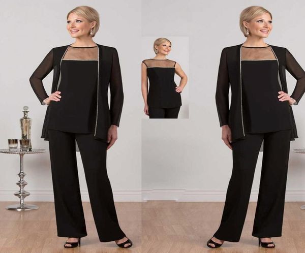 2020 Ursula Mutter der Braut Pant -Anzüge Chiffon Long Sleeve Schwarzes Hochzeits -Gastkleid Plus Größe Frauen formelle Outfit7337952