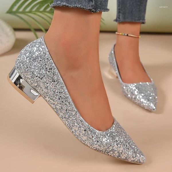 Scarpe eleganti argento tacchi bassi pompe donne 2024 paillettes lucenti autunnali con punta di punta di piedi più dimensioni semplici donne spesse tacco