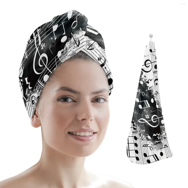 Toalha Nota Música Música preta Aquarela branca Splash Hair seco Microfiber Quick Microfiber Home Banheiro Turbans para Mulheres