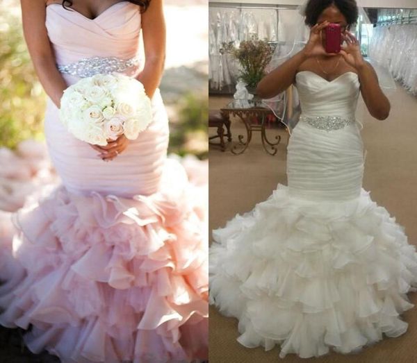 Custom Made 2016 Brautkleider sexy Schatz Hals Bling Perlen Flügel Blush Pink Meerjungfrau Rückenlose Rüschen Pass und Flare BR9287658