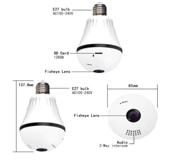 Wi -Fi Doorled Light Light Light Video IP -камера CCTV 360 градусов Panoramic Fisheye VR CAM для домашней безопасности беспроводной двухсторонней аудио DPHS1138637753