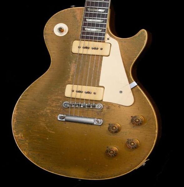 Пользовательский магазин Heavy Relic Gold Top Electric Guitar One Piece Mahogany Body Nect P90