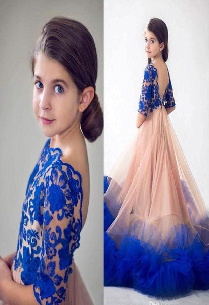 Prinzessin Royal Blue Flower Girls -Festzugskleider für Hochzeit Designer Rückenless Spitze Applikationen Rüschen Kinder formelle Verschleiß Erster Commu1416267