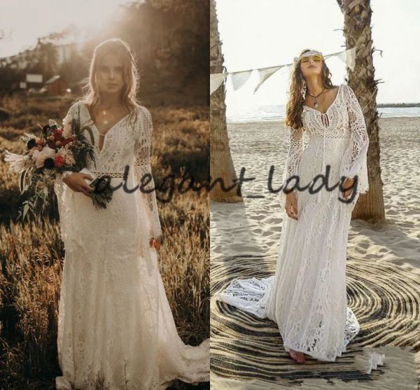 Abiti Abiti da sposa in pizzo all'uncinetto vintage con manica lunga 2023 Vneck Mermaid Hippie Western Country Country Cowgirl Bohémien Bride Gowns