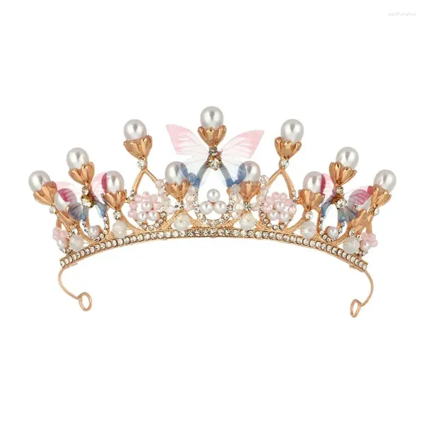 Acessórios para o cabelo Princesa Crown for Girls Butterfly Tiaras Birthday Crystal Performance Party Party Catwalk Pearl feito à mão