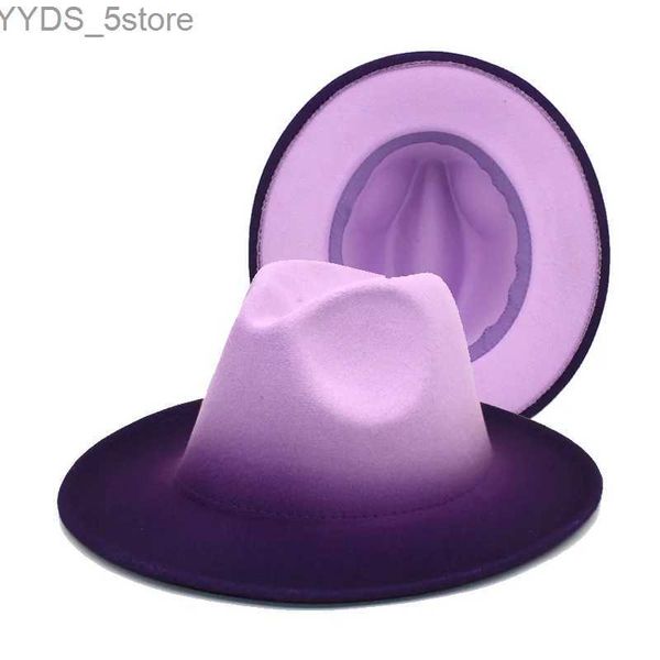 Cappelli larghi cappelli da secchio Cappello fedora da donna in feltro uomo gradiente colorato marrone design viola viola Trilby jazz casual yq240407