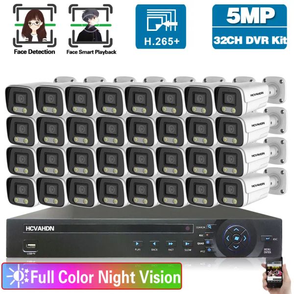 Sistem 5MP HD Tam Renk Gece Görme Gözetim Sistemi H.265 32CH DVR Kiti Açık Yüz Algılama AHD CCTV Kamera Güvenlik Sistemi Kiti