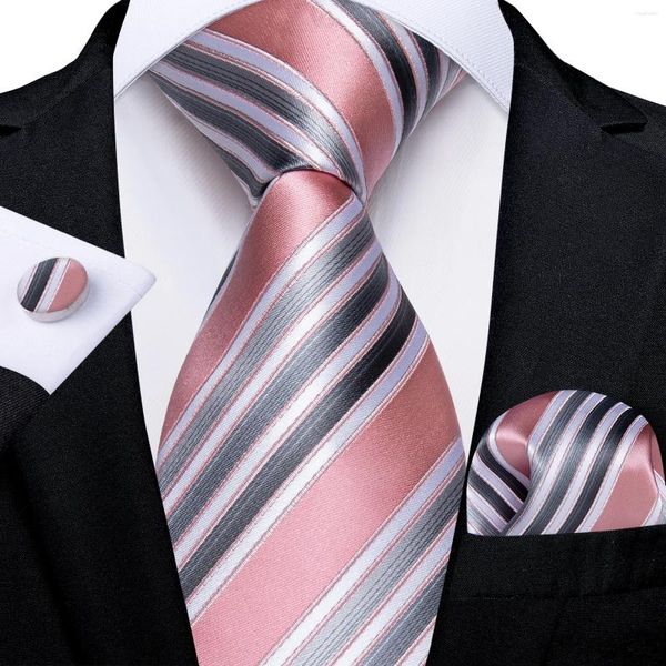 Laço amarra rosa cinza branco listrado moda seda tie de seda lenço punhos de punhos para homens acessórios gota por atacado