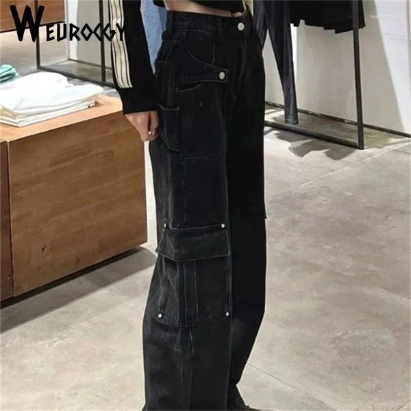 Jeans femminile 2024 primavera autunno autunno versatile versatile multipocchi vintage donne piccoli piccoli pantaloni da carico larga a larga gamba