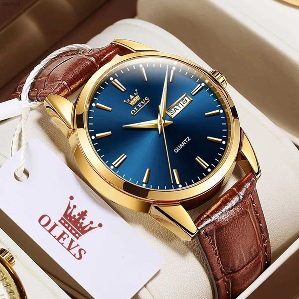 Другие часы Olves Top Class Mens Watch Original Simple Blue Face Quartz Mens Watch Tablerany Leather Strap Business Watch Casuall240403