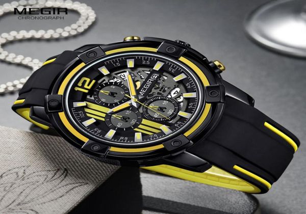 Megir Quartz assiste ao relógio de pulso esportivo cronógrafo para homem 3ATM Men039S Black Silicone Strap G202097 Yellow2858975