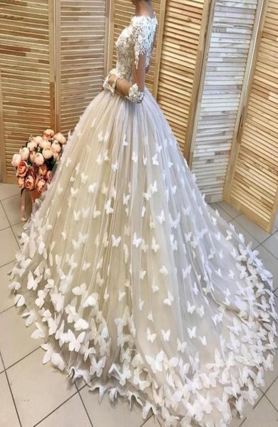 Kelebek aplikeler balo elbisesi gelinlik ile gelinlik uzun kollu gelinlikler dantel el yapımı çiçekler gelin elbise vestidos1997088