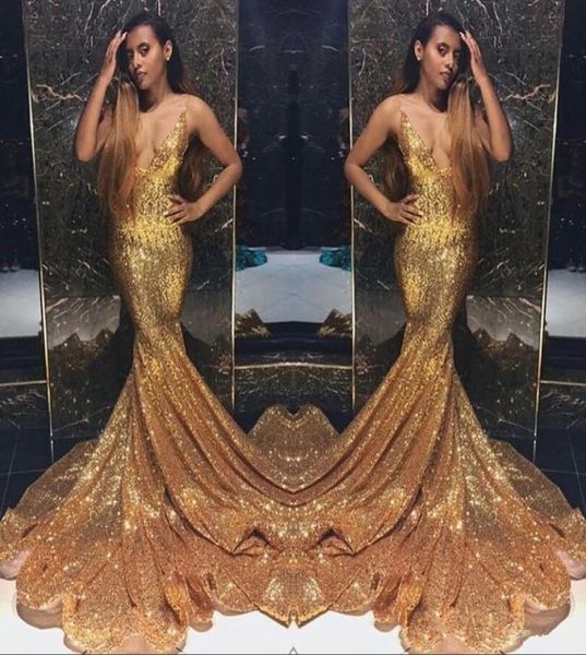 Lantejoulas de ouro Mermaid PROM DRESSOS LONGO DE PARTILHO DE PEÇO DE PEÇO DE PEÇO DE PEÇO DE PEÇAS DE VOLTOS BACKLESS VOLOS DE FESTO DE FESTO NOVIMENTE