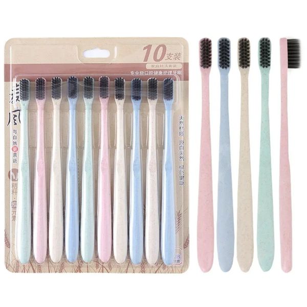 10 PCs Palha de trigo de palha de dentes adulto de bambu macio binchoutan unissex família pacote de dentes de dentes vegano