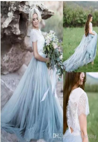 Vestidos de noiva brancos e azuis Country Western 2 Peças vestido de noiva verão lindo vestido de noiva de manga curta8607371