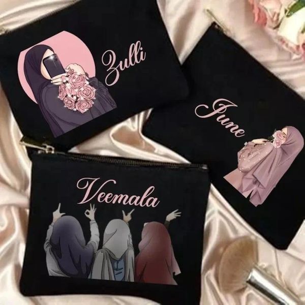 Sacchetti cosmetici personalizzati hijabi ragazza trucco per campeggio organizzatore di viaggi per le ragazze musulmane gift Nome personalizzato Custe con cerniera Eid