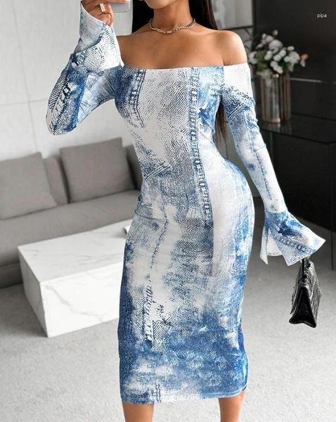 Lässige Kleider sexy Kleid für Frauen Frühlingsparty Clubwear Fashion Elegant Denim Look Drucken Sie die Schulterglocke Langarm Midi Bodycon drucken