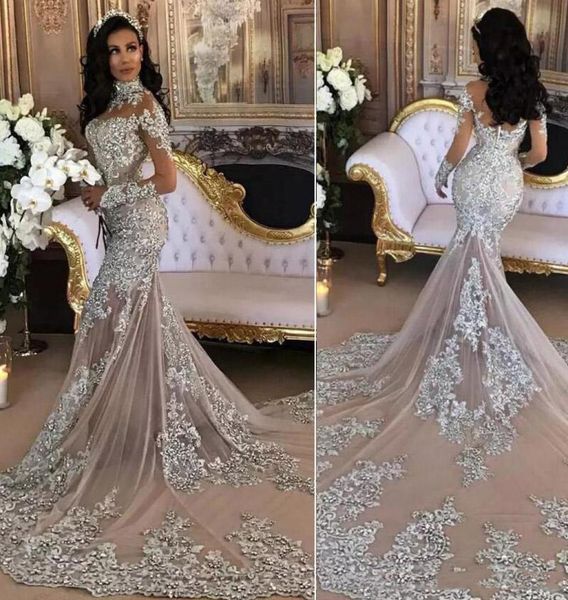 Sexy Langarm Silber Mermaid Hochzeitskleid Sheer Hals Appader Pailletten Perlen Saudi Arabisch Brautkleid bedeckt Botton Back3739183