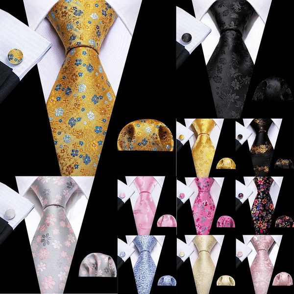 Pescoço amarra Barry.Wang Flower Silk Mens Tie Hankerchief Bufflinks Set Plum Rose Spiraea Tie Mens Wedding Party BusinessC240407