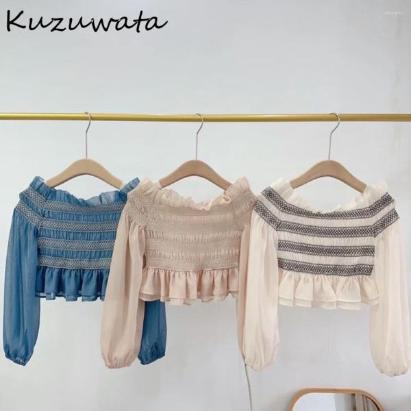 Frauenblusen Kuzuwata Fancy Slash Neck Lantern Sleeve BH Sets Hemd von Schulter Schlanker Fit getäfelter Japan Moda Chiffon Blusas