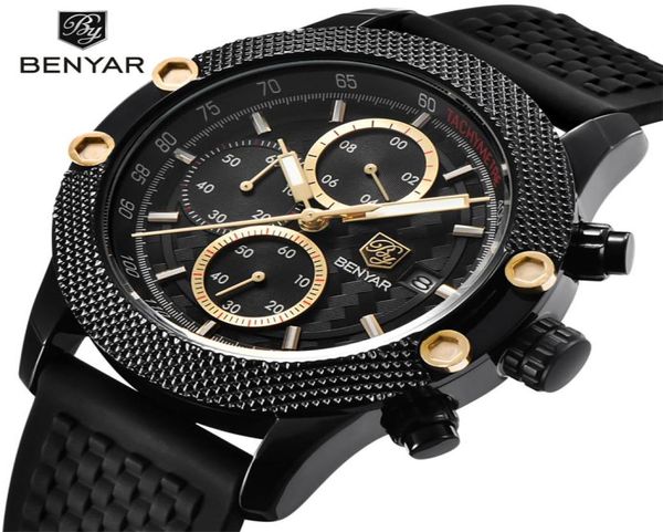 Benyar Mens Watches Top Luxury Sport Chronograph Fashion Men Waterproof Brand Brand Gold Quart Watch Saat Reloj Hombre2163641