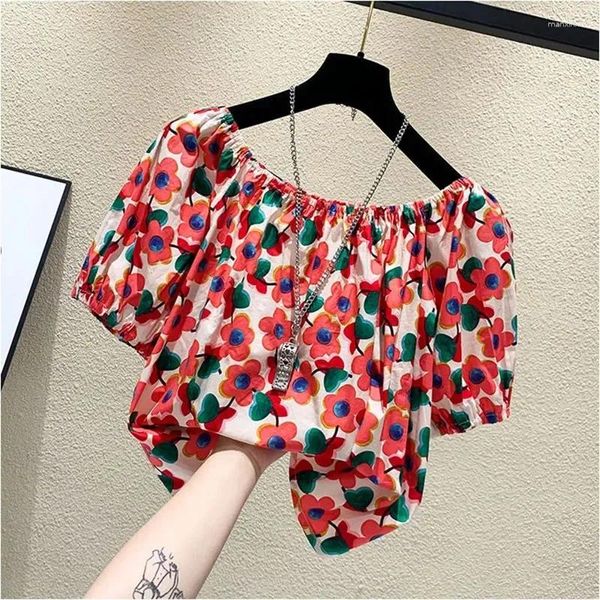 Frauenblusen Off-Shoulder Chiffon Hemd Blumen lose Sommer T-Shirt kurzärmelig gedruckte Top-Shirts Sexy Strandkleidung für Frauen Z565