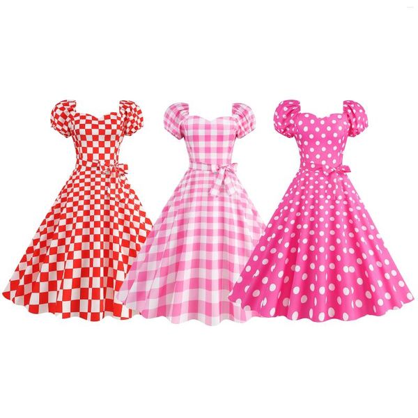 Abiti casual retrò plaid rosa estate per donne 2024 manica sbuffo cocktail senza spalline rockabilly swing girls da festa per feste abito da ballo da ballo