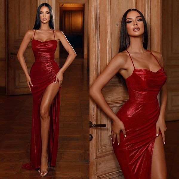 Sexy rote Meerjungfrau Prom Dress Party Kleider Spaghetti Abendkleider eleganter Oberschenkel geteilte glänzende formelle Kleider für Frauen