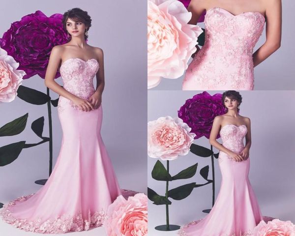 Vestidos de noite de sereia elegantes rosa Flores de coração Apliques miçangas de bandeira de bandeira de términa de términa de vestido formal vestidos de noite RO1230496