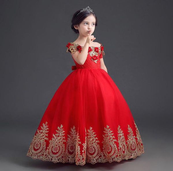 Eleganti abiti da concorso per ragazze della principessa rossa per la spalla Applique Abiti da ballo Abiti da convasione per adolescenti ragazze per bambini FL4224830