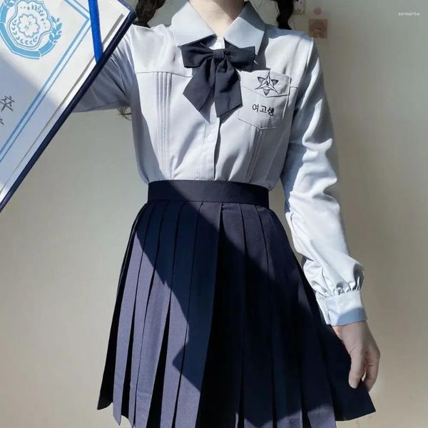 Roupas conjuntos de uniformes escolares Conjunto de estudantes diários coreanos de manga longa Blue Purple Shirt Pleated Roupft Girl JK Uniforms Graduação