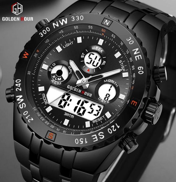 Sports Sports Analoges LED Display digitale Watch Waterproof Fashion Black Black Black Black Strap Orologio per il tempo libero Reloj Hombr Owatches73772221