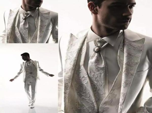 Edel weiße Hochzeits -Tuxedos Schlanker Passanzüge für Männer Stickereien Groomsmen Anzug Drei Stücke billige Prom -Suits Jackethose2192987