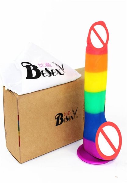 Rainbow Silicone Plug Big Dildo Simulação Realista enorme massagem vagina com pênis com poderoso brinquedo sexual de copo de copo para mulheres7618376