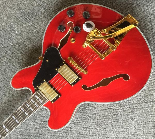 Memphis Red 335 Semi Hollow Body Jazz Guitar Bigs Tremolo Tailpient Tuners Tuners Chrome Hardware Block Incloy 3634956