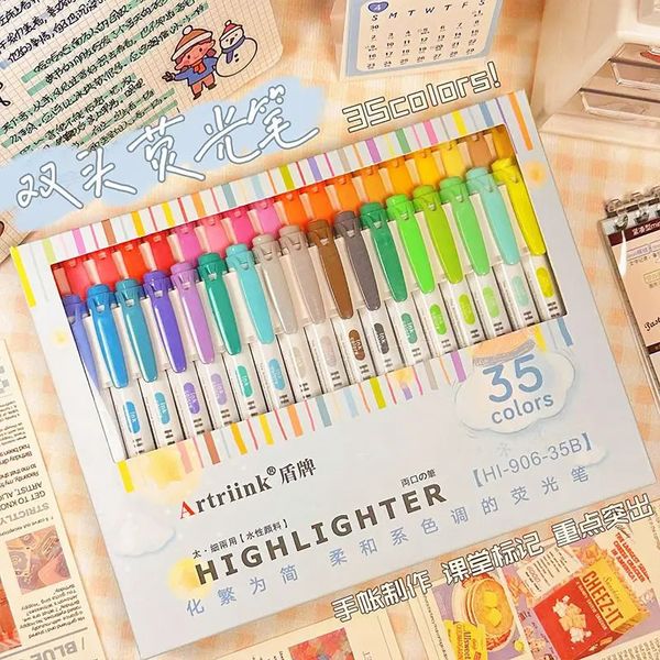 35 colori Evidenziatore set di penna a doppia punta penne da colorare fluorescente journaling pastello papeleria kawaii stazionamento marcadores 240328