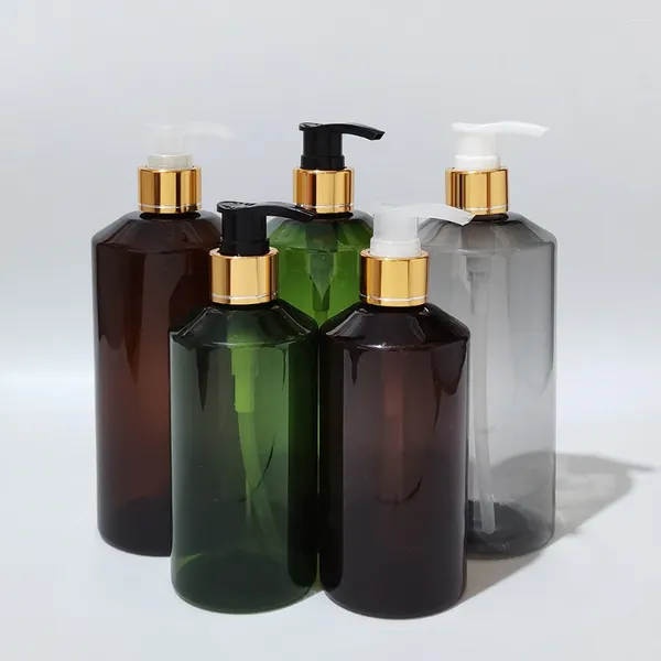 Bottiglie di stoccaggio 14pcs 300 ml da 500 ml Vento pet grigio verde marrone con pompa in argento dorato per gel di doccia sapone liquido shampoo imballaggio cosmetico