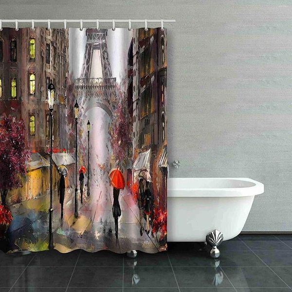 Curtains de chuveiro Vista para a rua de Paris Tower Tower People Under Tree France Curtain