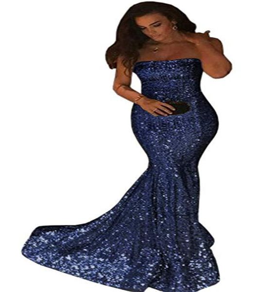 Mermaid de lantejoulas Bling Vestidos de baile sem alças com zíper de 2019 Vestido de festa de longa noite Vestido de festa marinha azul prata4104211