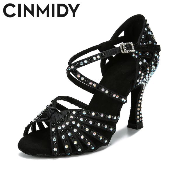 Обувь Cinmidy Satin Latin Dance Shoes для женщин черные бальные танцы туфли дамы сальса танго танце
