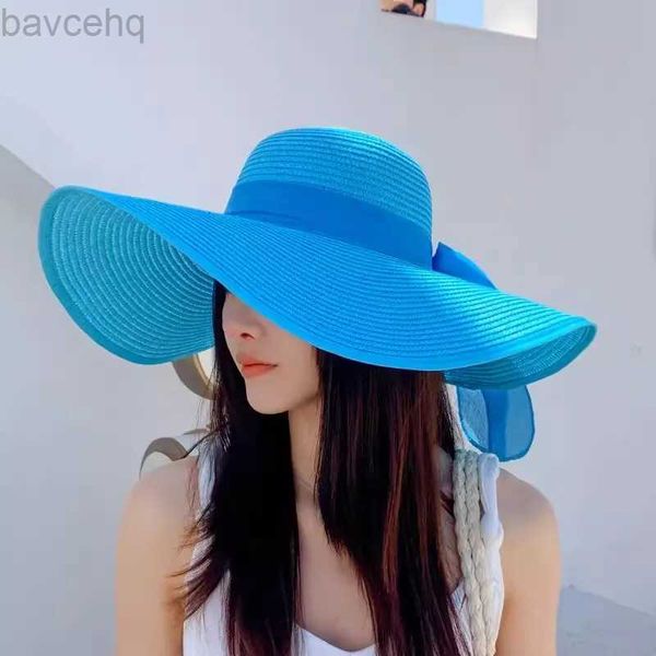 Chapéus de balde largura chapéus de verão chapéu de palha praia de estilo coreano lase lase brim are arredor prote proteção sol chapéu de sol com férias de palha dobrável 240407