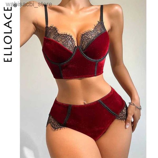 Sexy Set Ellolace Velvet Lingerie Fantasy Roupa Mulheres Mulheres Intimáticas de renda de renda Sexy calcinha Bra Borgonha Roupa Brasileira L2447