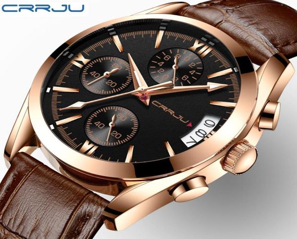 Crrju Mens Chronograp Sport Watches Luxury Quartz Gold Watch Мужчины повседневные кожаные бизнес Водонепроницаемые наручные часы Relogio Masculino7263516